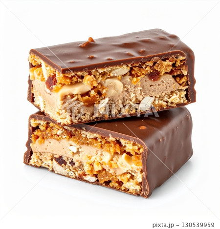 Two Layers of Crunchy Chocolate Snack Bar with Nuts and Caramel Filling 130539959
