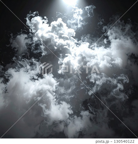 Monochrome Abstract Cloud of White Smoke and Ink Floating in Dark Background with Spotlight 130540122