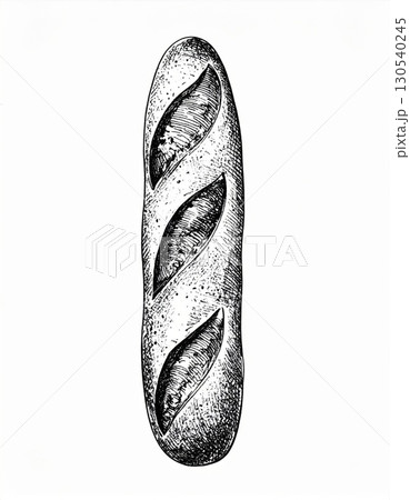 Monochrome Baguette Bread Loaf with Detailed Texture on White Background Monochrome Baguette Bread Loaf with Detailed Texture on White Background 130540245