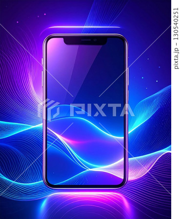 Smartphone With Blue and Purple Neon Wave Background Futuristic Technology Design 130540251