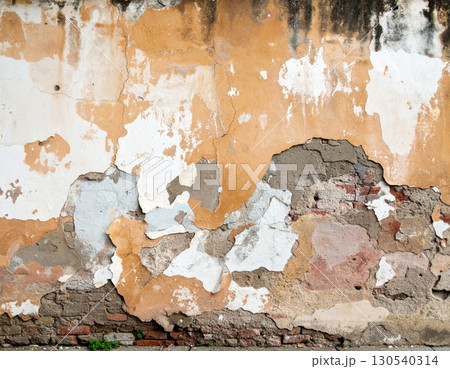 Aged Plastered Wall with Exposed Brick Texture in Earth Tones Background Design 130540314