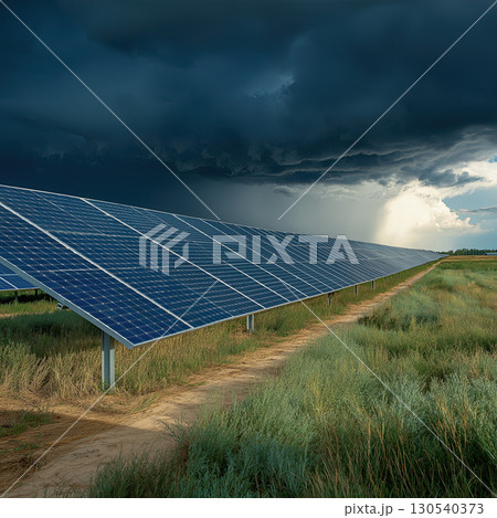 Solar panels in field under dramatic stormy sky, showcasing renewable energy amidst nature power 130540373