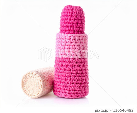 Close Up Pink Knitted Wool Object with Striped Texture on White Background 130540482