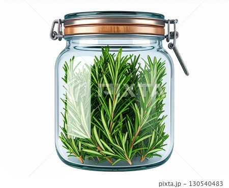 Rosemary Sprigs Preserved in Clear Glass Jar with Metallic Hardware and White Background Rosemary Sprigs Preserved in Clear Glass Jar with Metallic Hardware and White Background 130540483