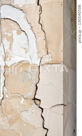 Close Up of Cracked and Damaged Beige Wall Plaster Concrete Background Texture 130540506