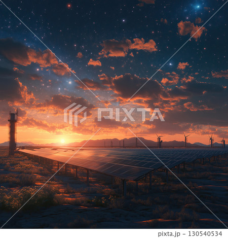 Solar panels stretch across field under vibrant sunset sky, with wind turbines in distance. scene evokes sense of tranquility and sustainability 130540534