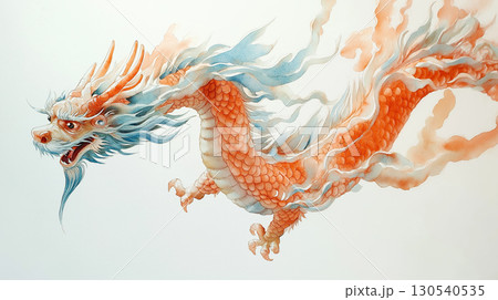 Vibrant watercolor painting of traditional Chinese dragon in pastel tones, featuring flowing blue and orange scales 130540535