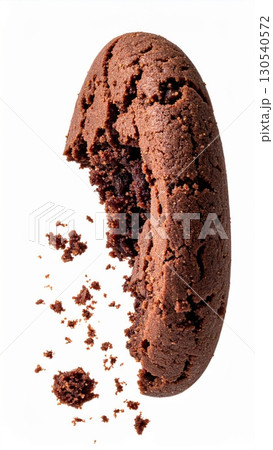 Close Up of a Delicious Bitten Dark Chocolate Cookie on White Background with Crumbles 130540572