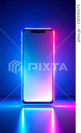 Smartphone with Vibrant Neon Pink and Blue Gradient Reflection Against Dark Background Smartphone with Vibrant Neon Pink and Blue Gradient Reflection Against Dark Background 130540573