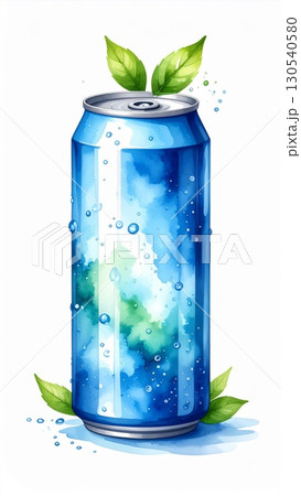 Refreshing Blue Soda Can with Mint Leaves Watercolor Illustration on White Background 130540580