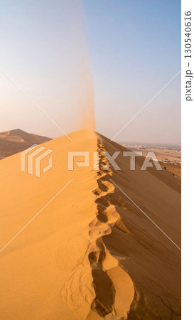 Desert Dune Ridge with Footprints in the Sand under Clear Blue Sky 130540616