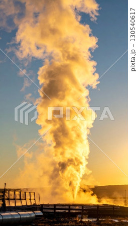 Golden Smoke Plume Rising from an Industrial Site at Sunset with Clear Sky 130540617