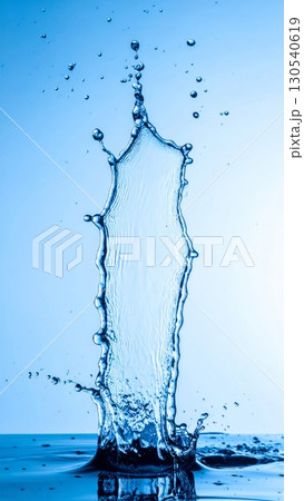 Dynamic Blue Water Splash Creates an Abstract Column Shape on Reflective Surface in Bright Studio Shot Dynamic Blue Water Splash Creates an Abstract Column Shape on Reflective Surface in Bright Studio Shot 130540619