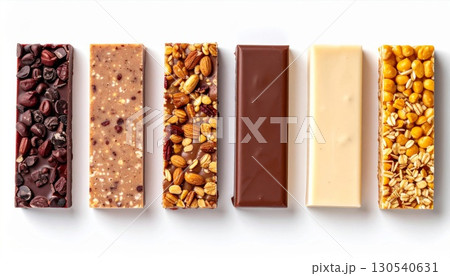 Assorted Protein Bars with Chocolate and Nuts on White Backdrop in Studio Light 130540631