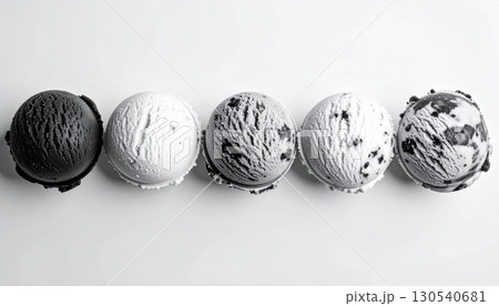 Variety of Ice Cream Scoops in Black and White on a White Background Variety of Ice Cream Scoops in Black and White on a White Background 130540681