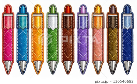 Set of Fabric Covered Pens in Vivid Colors with Silver Tips and Caps on a White Backdrop Set of Fabric Covered Pens in Vivid Colors with Silver Tips and Caps on a White Backdrop 130540682