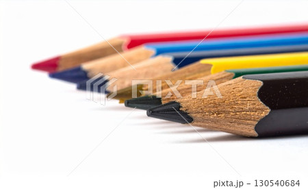 Close Up of Row of Sharpened Colored Pencils on White Background Close Up of Row of Sharpened Colored Pencils on White Background 130540684