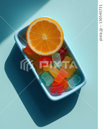 Light blue rectangular container filled with colorful gummy bears and half orange on textured surface, creating vibrant and playful composition 130540731