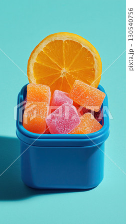 Blue rectangular container filled with colorful sugar coated gummy candies and slice of orange on turquoise background. vibrant colors create cheerful and playful mood 130540756