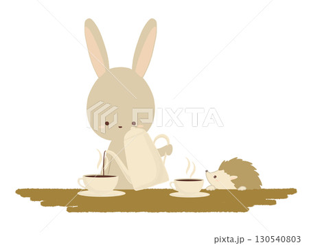 コーヒーを入れるウサギとハリネズミのイラスト コーヒーを入れるウサギとハリネズミのイラスト 130540803