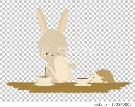 コーヒーを入れるウサギとハリネズミのイラスト コーヒーを入れるウサギとハリネズミのイラスト 130540803