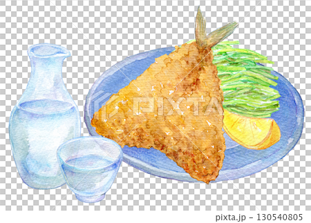 Watercolor illustration, hand-drawn illustration, fried horse mackerel and cold sake 130540805