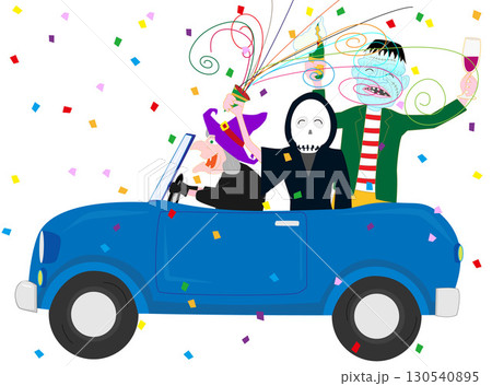 ハロウィンを車でパレードして楽しむキャラクターたち。 130540895