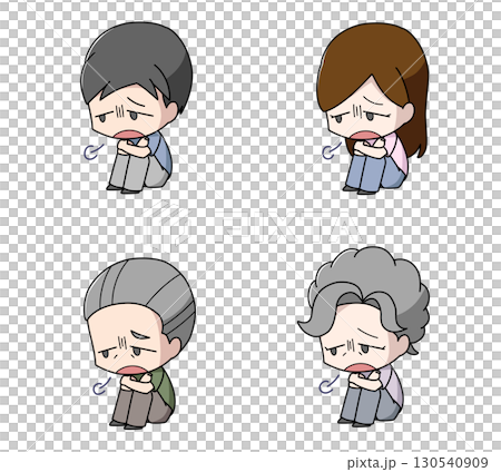 体育座りで溜息をつく大人のイラスト4種類セット 130540909