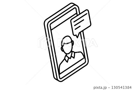 オンライン学習、スマホで通話する男性と吹き出しのシンプルなアイソメトリック線画イラスト、白黒 130541384