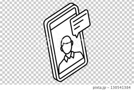 オンライン学習、スマホで通話する男性と吹き出しのシンプルなアイソメトリック線画イラスト、白黒 130541384