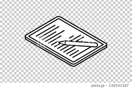 オンライン学習、タブレットとスタイラスペンのシンプルなアイソメトリック線画イラスト、白黒 130541387