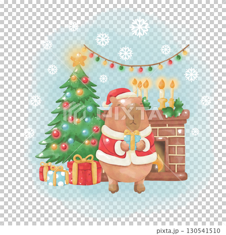 Cute Capybara in Santa Outfit with Christmas Tree and Fireplace  Watercolor Holiday  130541510
