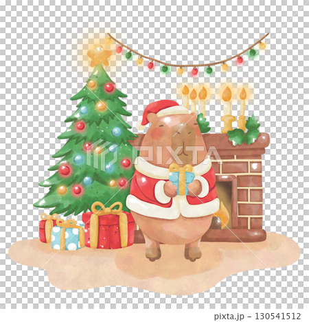 Cute Capybara in Santa Outfit with Christmas Tree and Fireplace  Watercolor Holiday  130541512