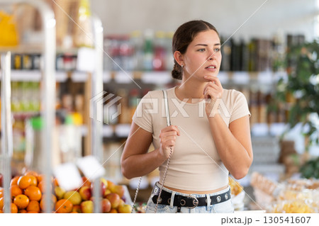 Young woman buyer forgot what she wanted to buy 130541607