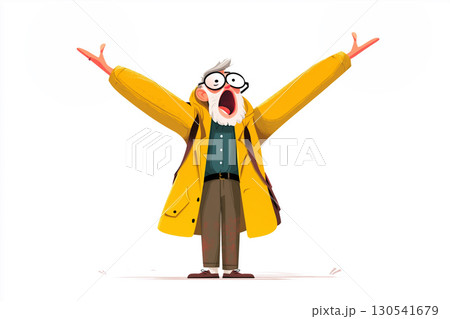 シニア男性が両手を大きく広げて空に向かって全力で訴えかけるユーモアあるコミカルなイラスト シニア男性が両手を大きく広げて空に向かって全力で訴えかけるユーモアあるコミカルなイラスト 130541679