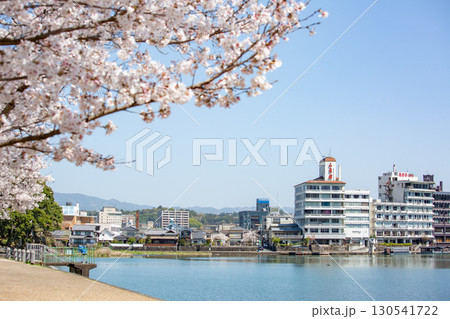 田市三隈川公園の桜とホテル街並み 130541722