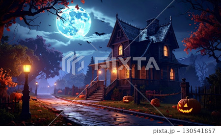 Spooky Halloween night with a haunted castle silhouette on a hill, under a full moon and dark sky Spooky Halloween night with a haunted castle silhouette on a hill, under a full moon and dark sky 130541857