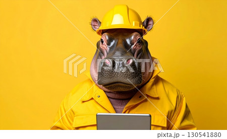 A foreman in a yellow hard hat and safety mask drills a hole in a steel beam A foreman in a yellow hard hat and safety mask drills a hole in a steel beam 130541880