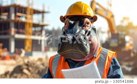 Construction workers in hard hats are focused on a job 130541886