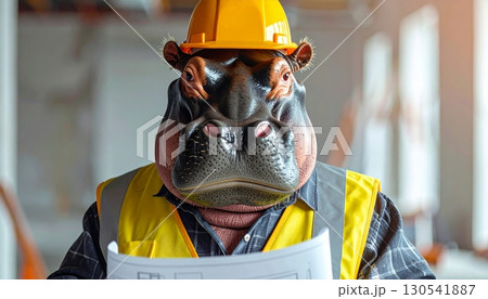 Construction workers in hard hats are focused on a job 130541887
