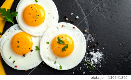Freshly cooked fried eggs with a golden yolk and fluffy white on a plate, ready for a healthy breakfast meal 130541892