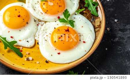 Freshly cooked fried eggs with a golden yolk and fluffy white on a plate, ready for a healthy breakfast meal 130541893