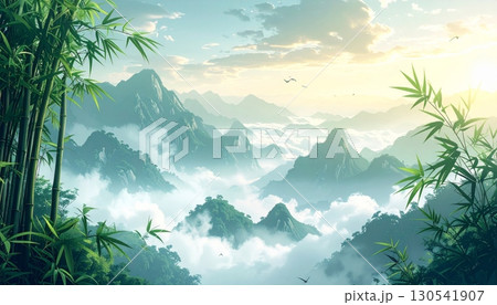 Mountain landscape at dawn with clouds and fog over the valley 130541907
