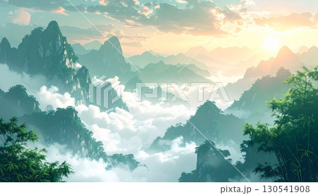 Mountain landscape at dawn with clouds and fog over the valley 130541908