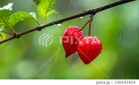 A branch of a cherry tree in a garden bears sweet red cherries with a green leaf A branch of a cherry tree in a garden bears sweet red cherries with a green leaf 130541924