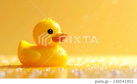 A bright yellow rubber duck floats playfully in a bathtub, a classic toy for a child's bath time fun A bright yellow rubber duck floats playfully in a bathtub, a classic toy for a child's bath time fun 130541952