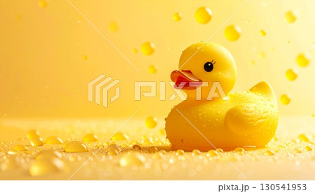 A bright yellow rubber duck floats playfully in a bathtub, a classic toy for a child's bath time fun A bright yellow rubber duck floats playfully in a bathtub, a classic toy for a child's bath time fun 130541953