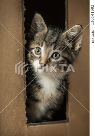 Cute kitten peeks out from cardboard box with curious eyes and soft fur, creating adorable and playful scene full of innocence and wonder 130541992