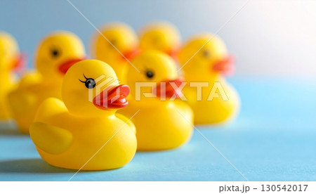 A playful yellow plastic bath toy is isolated on a table, a single rubber duck for childhood fun 130542017