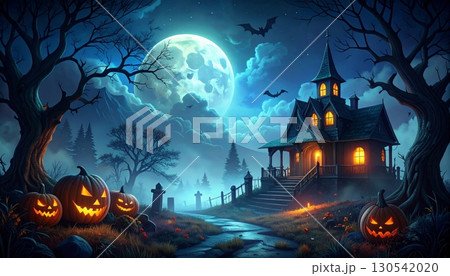 Grunge Earth in space with clouds and a moon, an abstract background of a blue-lit planet 130542020